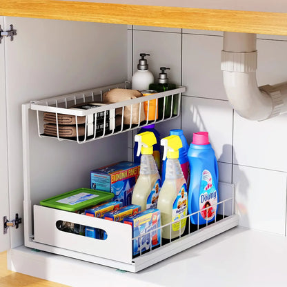 Double-layer Sliding Rail Basket Under-Sink Storage Rack Bathroom Kitchen Storage