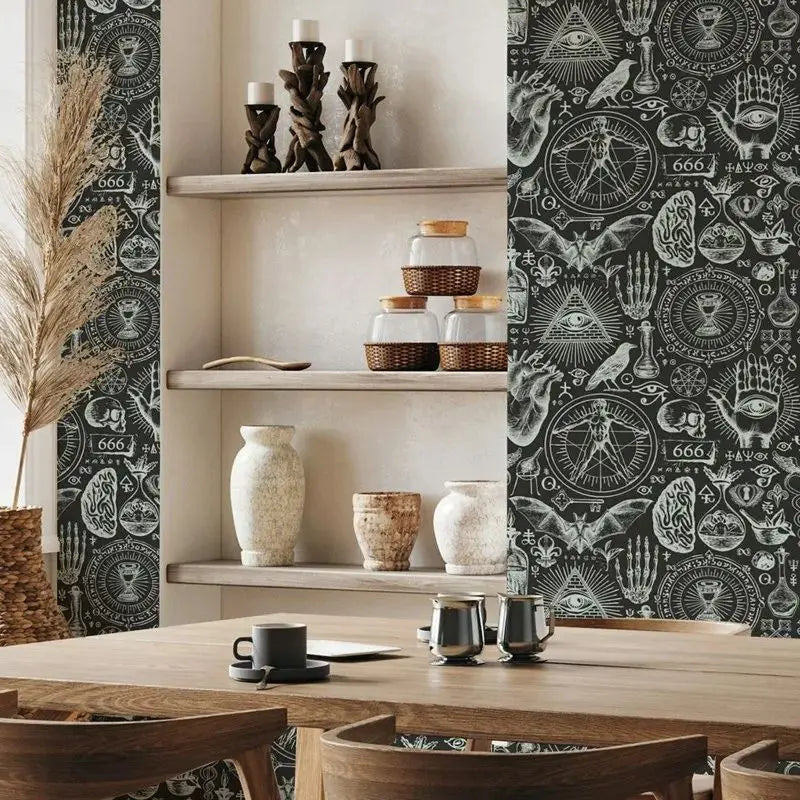 Witchcraft Wallpaper,Dark Black Background Peel and Stick Wallpaper Roll,Mystical Allure,Traditional Non-Woven Paper Wall Art