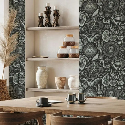 Witchcraft Wallpaper,Dark Black Background Peel and Stick Wallpaper Roll,Mystical Allure,Traditional Non-Woven Paper Wall Art