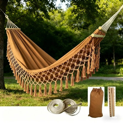 Outdoor Fringed Canvas Hammock - Portable Anti-slip Fringed Hammock for Camping - Bohemian Style Outdoor Camping Hammock
