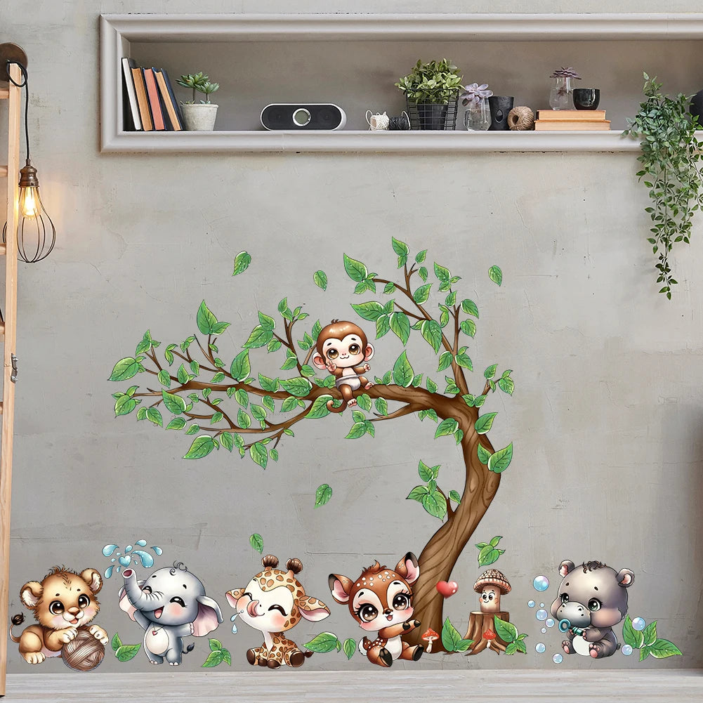 Animals Playing By The Tree Wall Stickers Wallpaper Murals Watercolor Stickers Children's Room Home Decorations