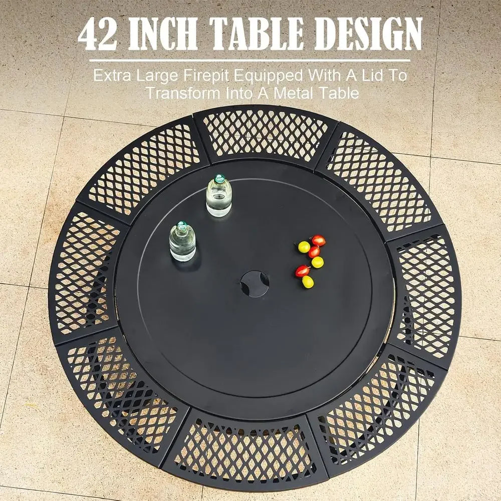 42 Inch Round Outdoor Fire Pit with Dual Grills, Wood-Burning, Ideal for Backyard Parties and Picnics