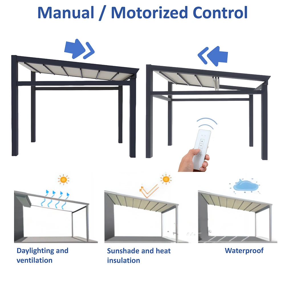 Motorized Pergola Retractable Awning PVC Foldable Canopy Electric Roof Waterproof UV Sunshade Outdoor Patio Deck Gazebo Tent