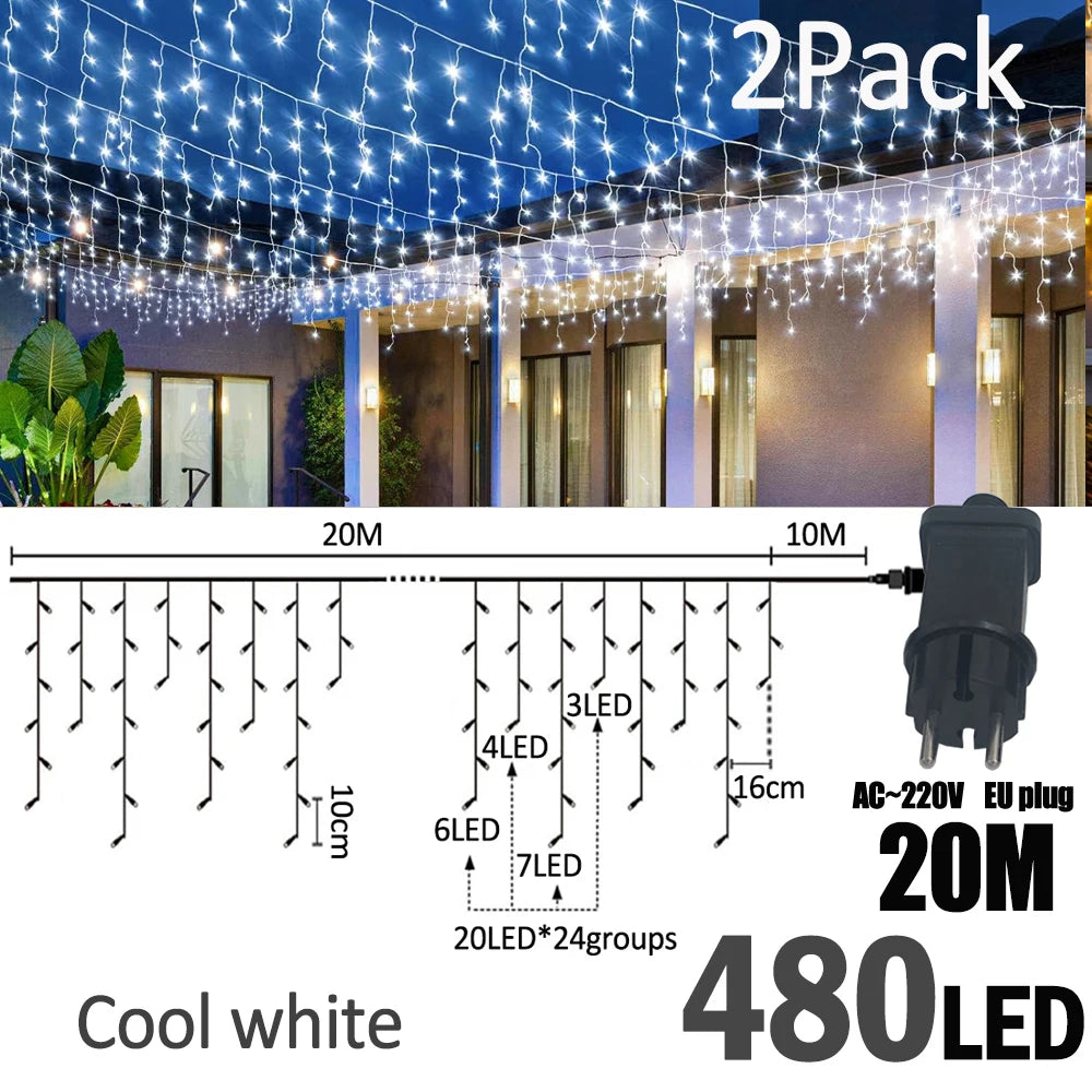 LED Christmas Icicle Curtain String Lights 20M+10M 480LED Extens 8Modes, Plug in Waterproof for Wedding Party Home Garden