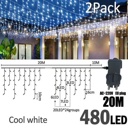 LED Christmas Icicle Curtain String Lights 20M+10M 480LED Extens 8Modes, Plug in Waterproof for Wedding Party Home Garden