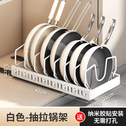 Pull-out pot rack organizer with adjustable shelves, space-saving kitchen cabinet storage