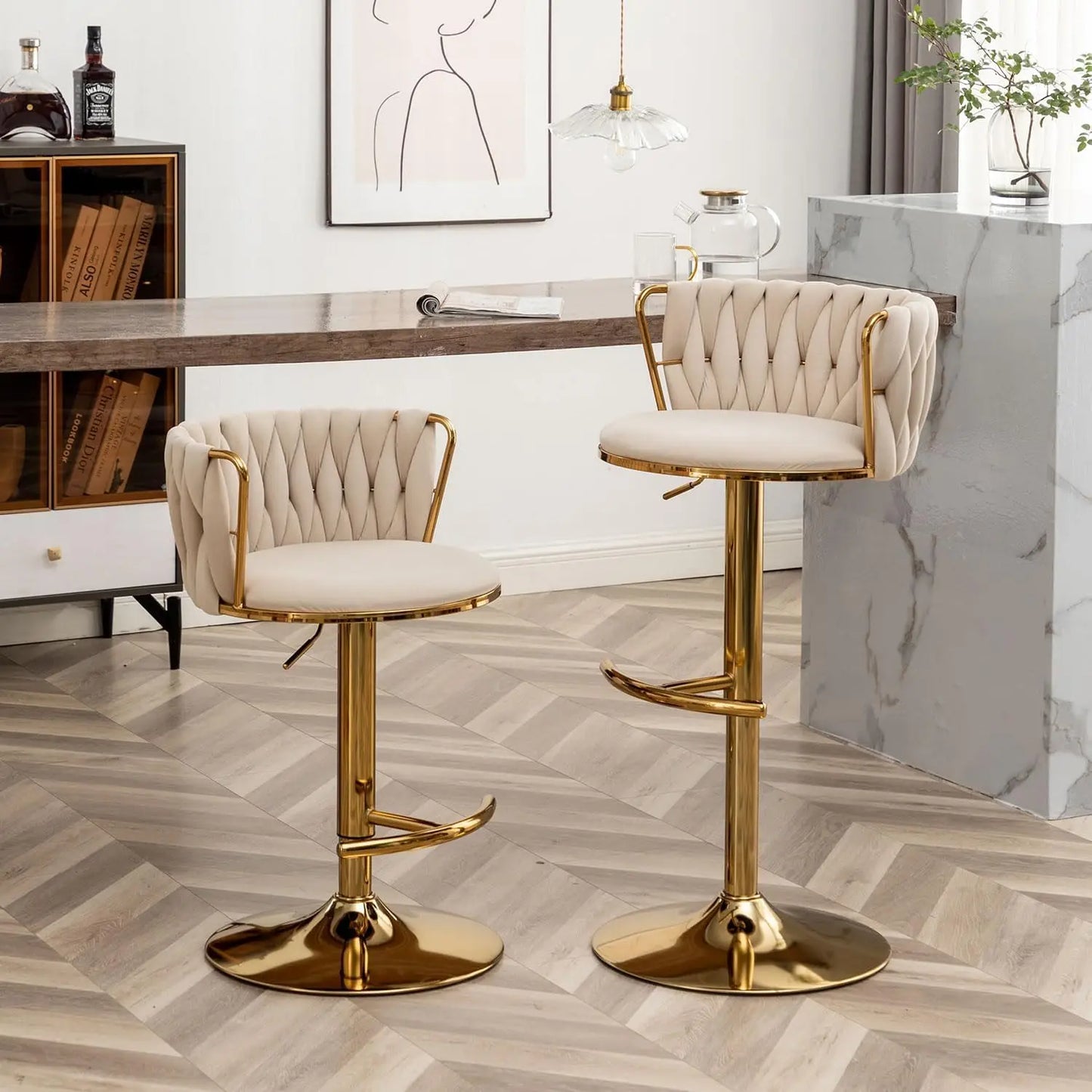 Gold Velvet Bar Stools Set of 3, Swivel Counter Height Bar Stools with Back, Adjustable Woven Barstools for Kitchen, Customized