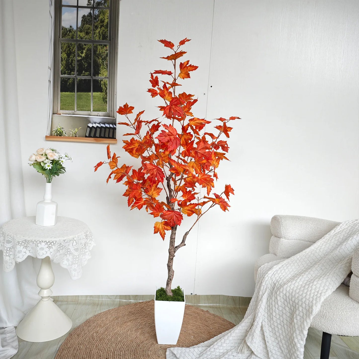 Artificial Maple Leaf Tree 145CM Large Indoor and Outdoor Decorative Potted Plant for Home Living Room and Garden Decoration