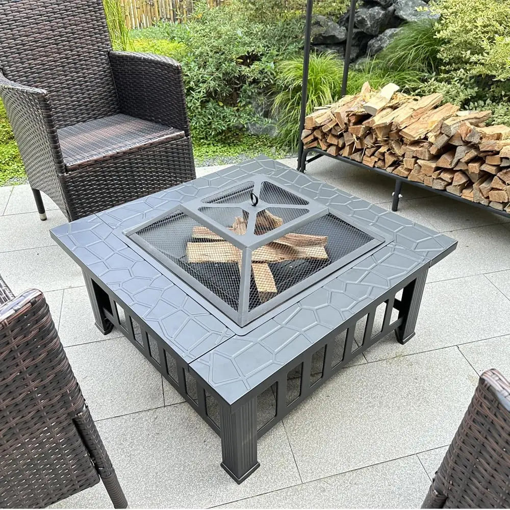 Square Metal Fire Pit Table Outdoor Wood Burning Fireplace Backyard Patio Stove For Camping Heating Bonfire Picnic Geometric Flame Cut Out Pattern Heavy Duty Heating Station Black