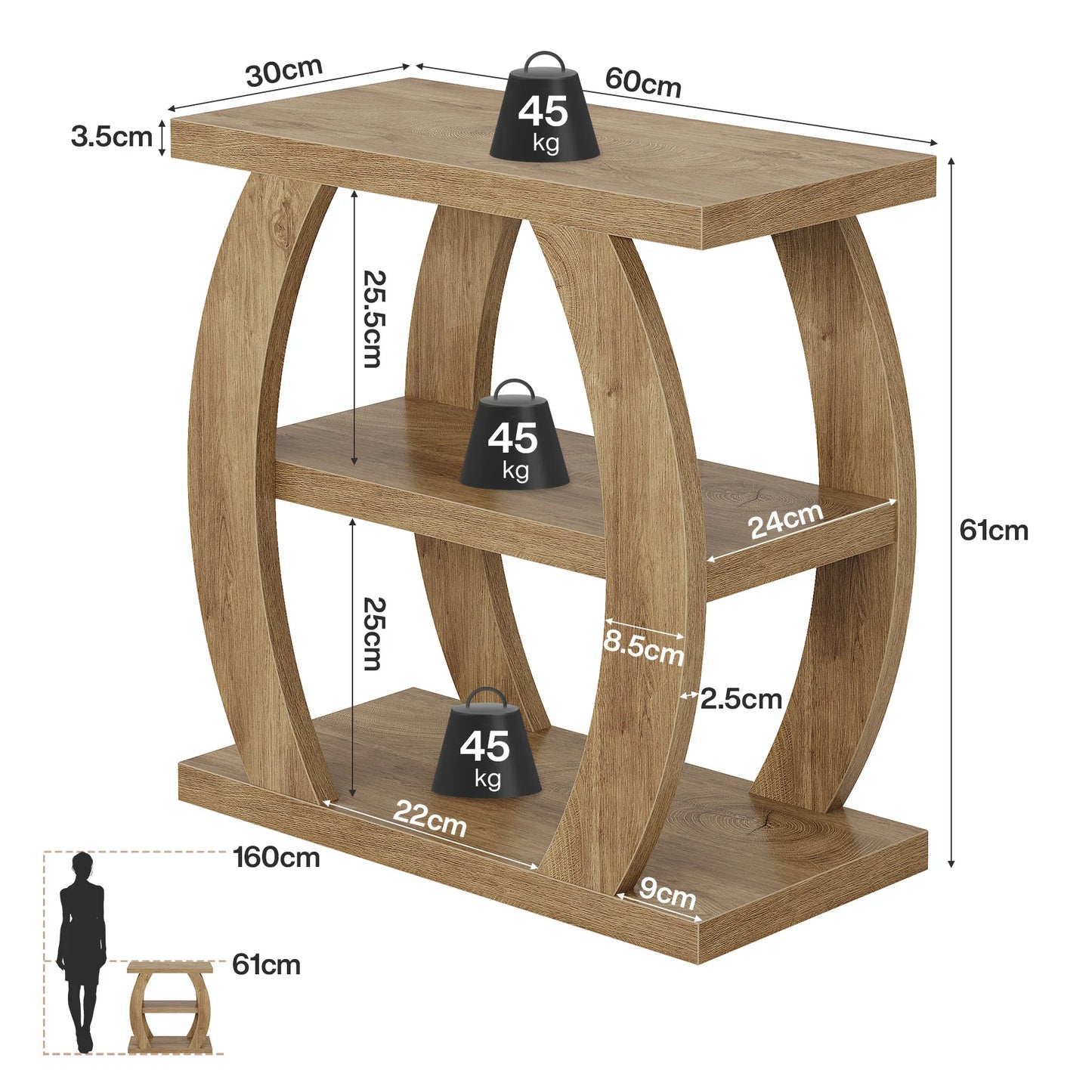 Tribesigns End Table for Living Room, 3-Tier Narrow Side Table with Storage, Farmhouse Wooden Beside Table with Geometric Frame, Tall Nightstand for Bedroom, Small Spaces, Natural Oak
