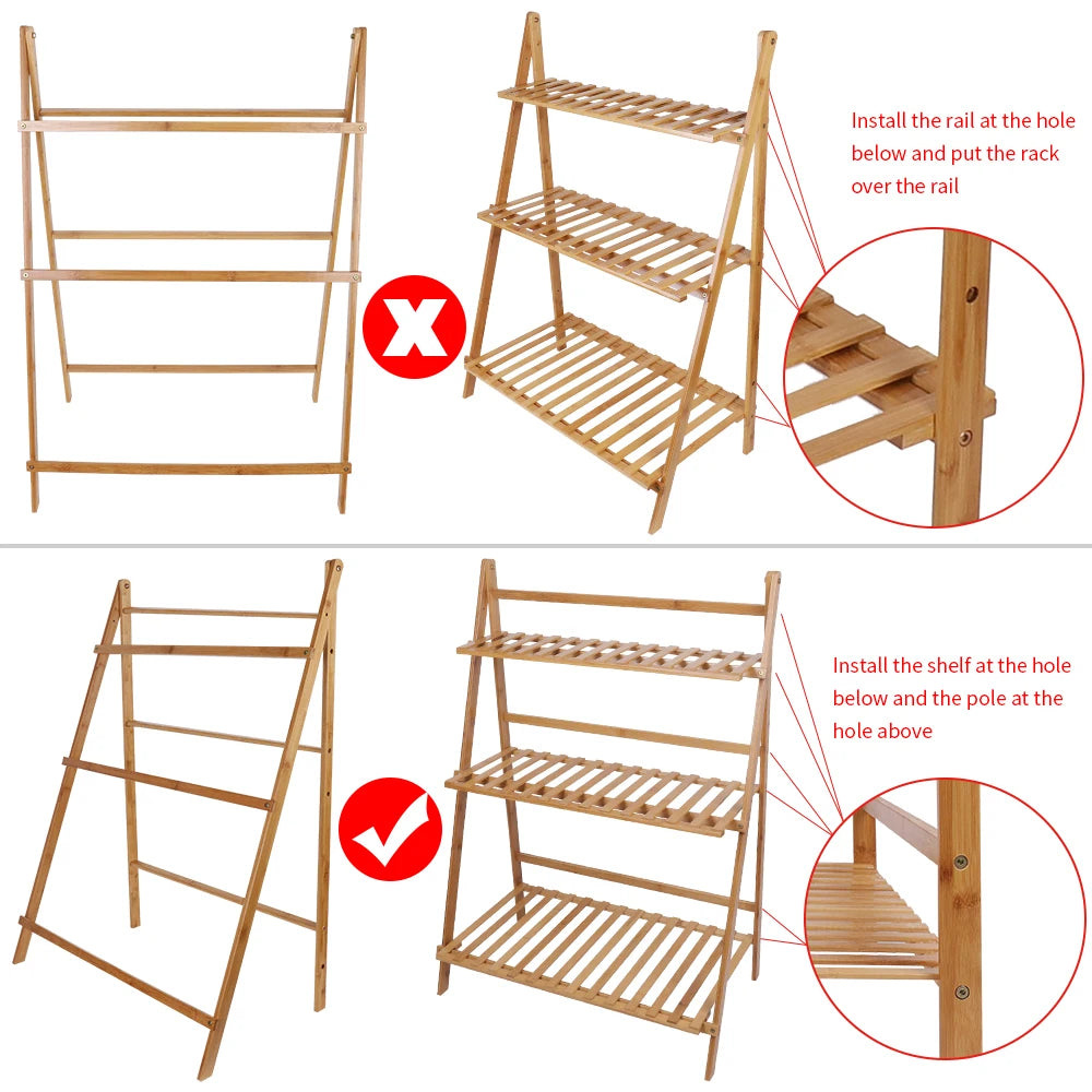 70/100cm Bamboo Plant Stand Folding 3 Tier Flower Pot Display Shelf Indoor Outdoor Ladder Garden Rack for Patio Balcony Living Room