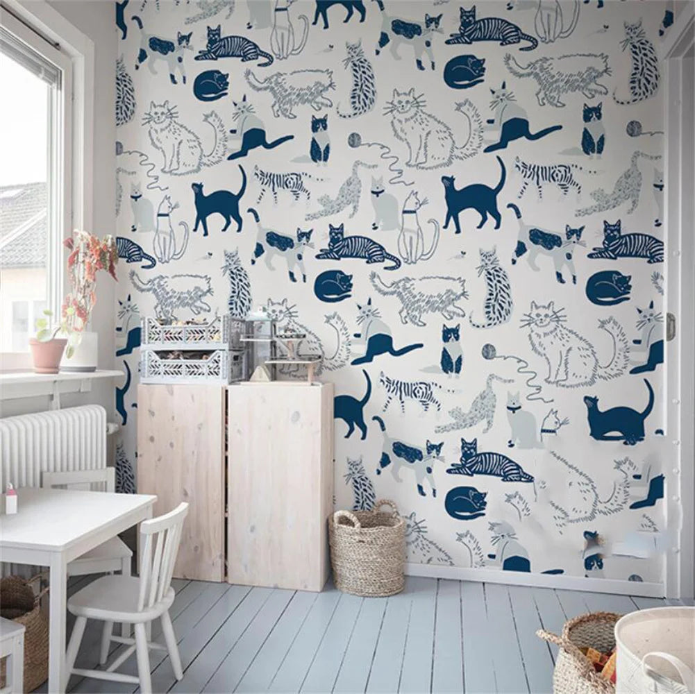 Custom Theme Nordic Cat Wallpaper Mural for Children's Bedroom Background Blue Cat Wall paper Art Boys Girls animal Home Decor