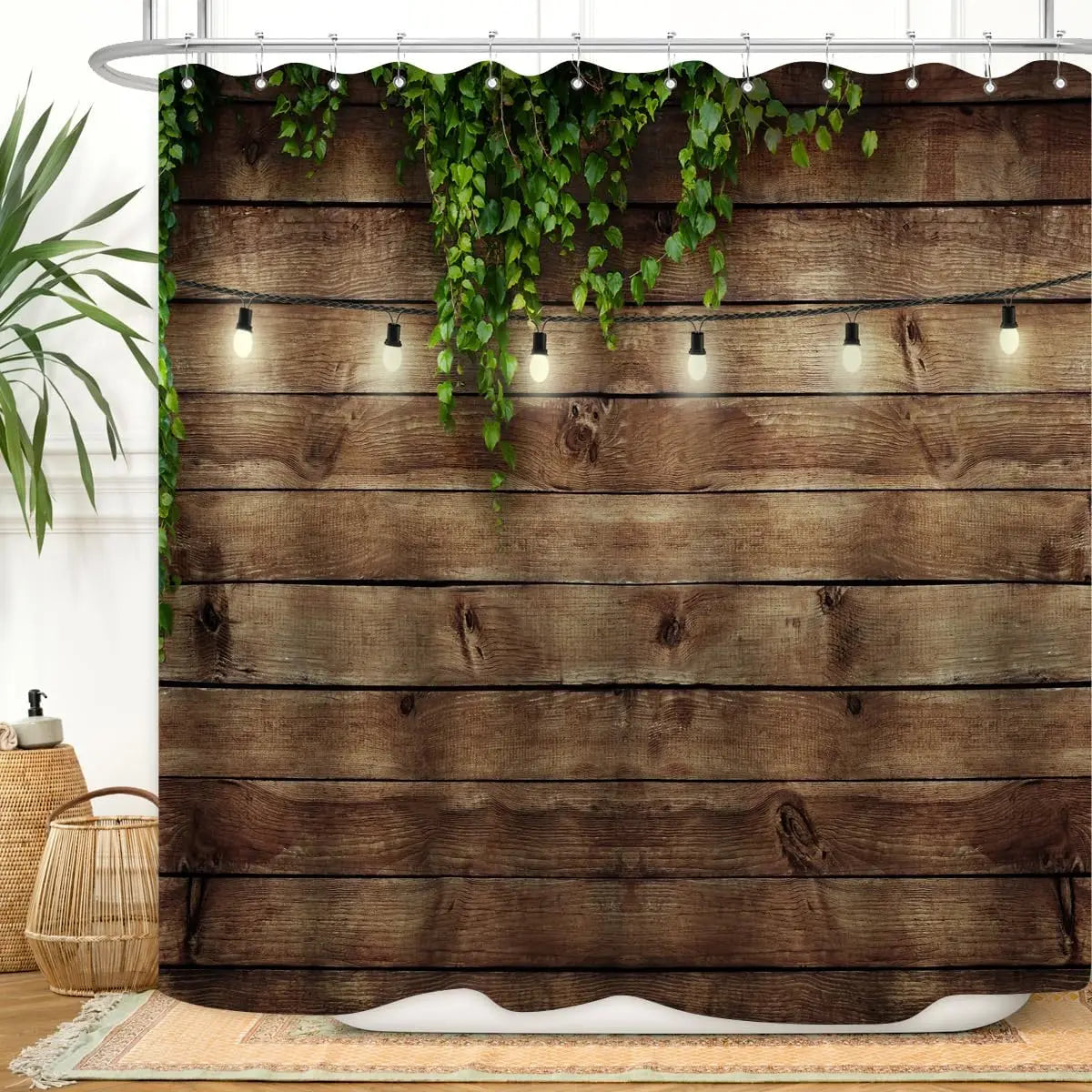 Rustic Wood Plank Shower Curtain - Vintage Green Leaves Barn Door Design 72x72 Inch, Waterproof Fabric , Country Bathroom Decor