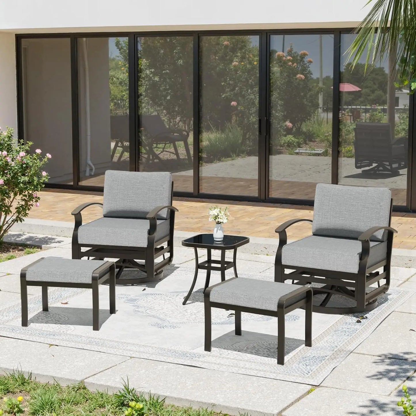 5 Piece Patio Set, Aluminum Outdoor Swivel Chairs Set of 2 with 2 Ottoman 5.1’’ High-Resilience Seat Cushions, Customized