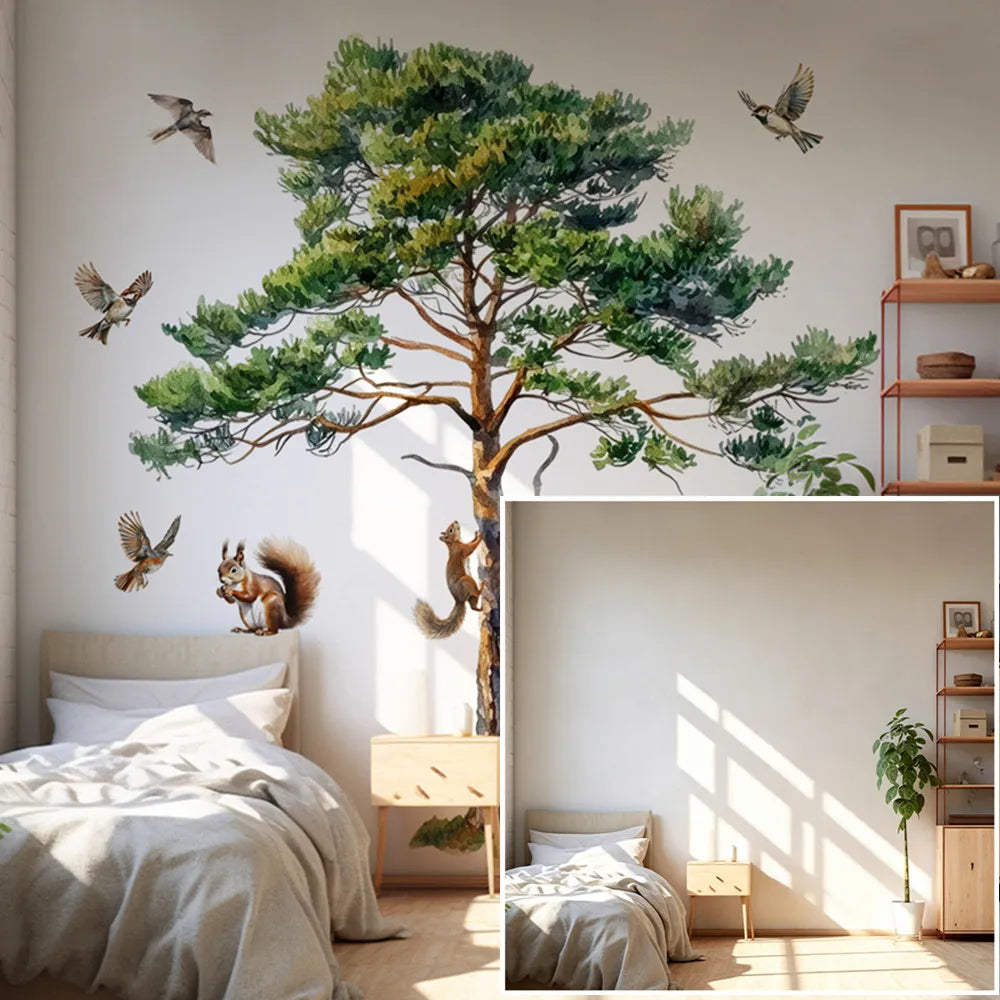 Large Pine Tree Wall Stickers Squirrel Deer Birds Forest Animal Decals Removable Vinyl Mural for Nursery Living Room Home Decor