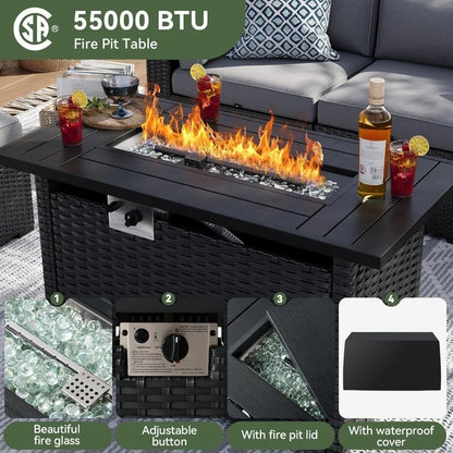 8-Piece Wicker Patio Sectional Sofa Set with 44" Fire Pit Table & Thickened Cushion for Outdoor, Custom