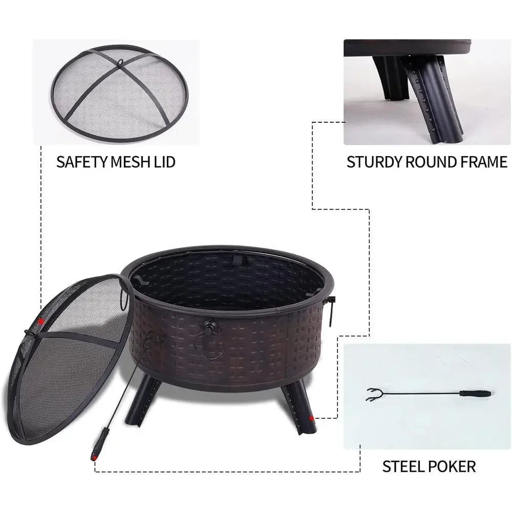 Round Deep Wood-Burning Fire Pit with Spark Screen Cover and Poker