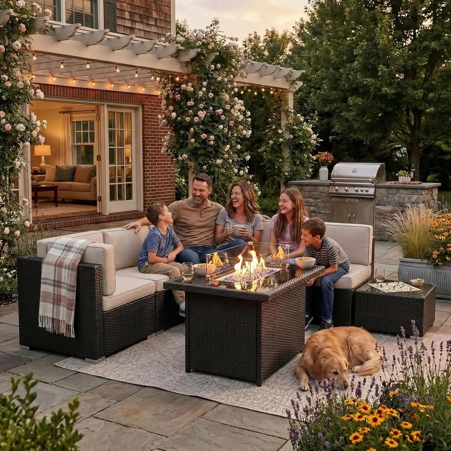 8 Pieces Patio Furniture Set with 44" Propane Gas Fire Pit Table, Outdoor Sectional Wicker Conversation Sofa Sets, Customized