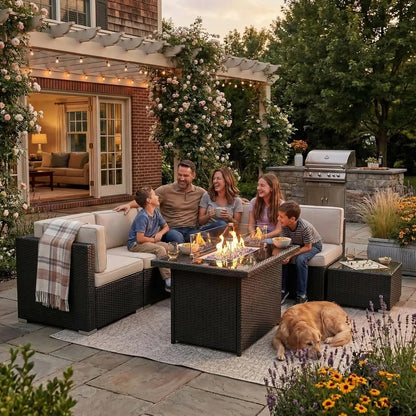 8 Pieces Patio Furniture Set with 44" Propane Gas Fire Pit Table, Outdoor Sectional Wicker Conversation Sofa Sets, Customized