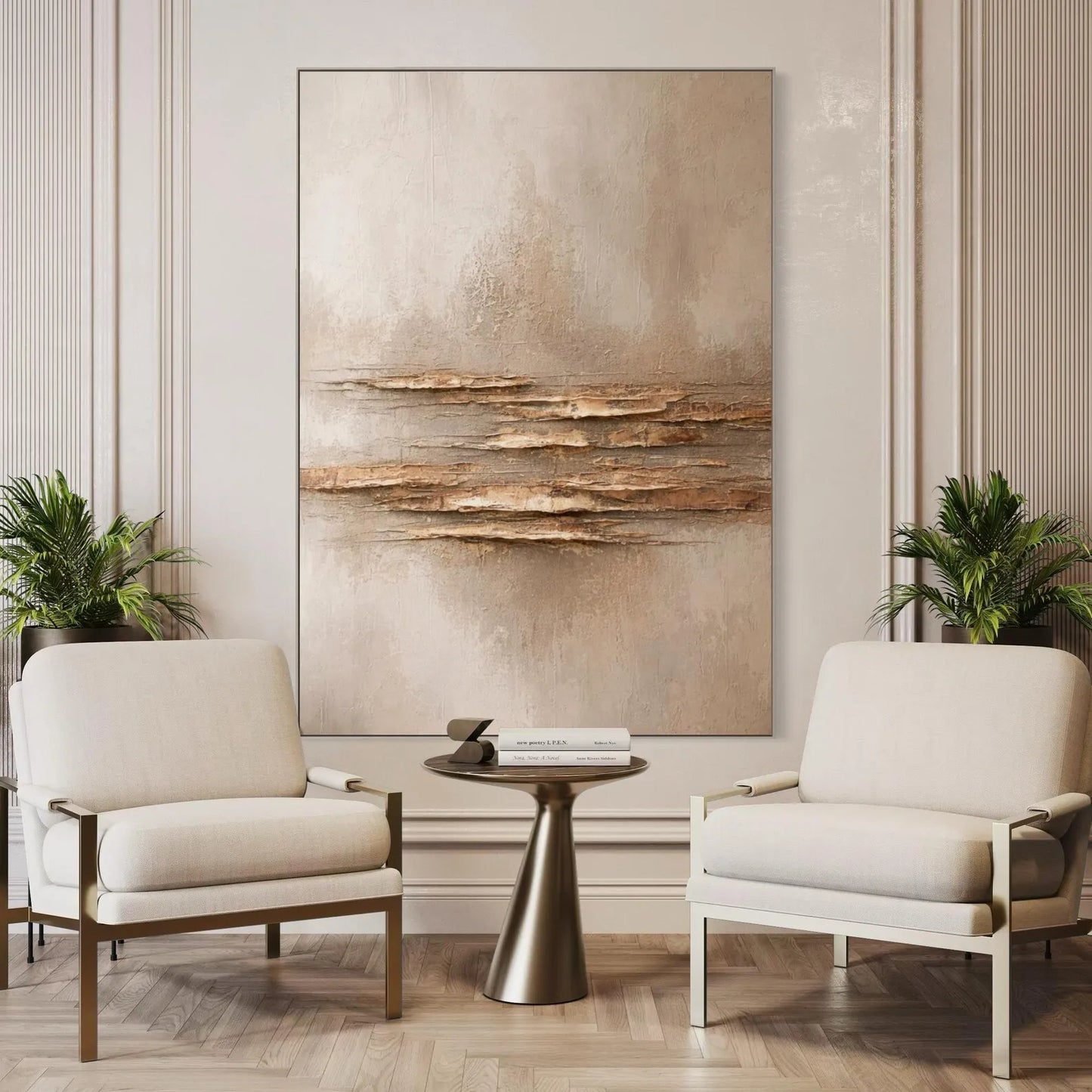 Mhemyo Large White and Gold Abstract Oil Painting Textured Minimalist Wall Art Handmade Luxury Canvas Modern Neutral Home Decor