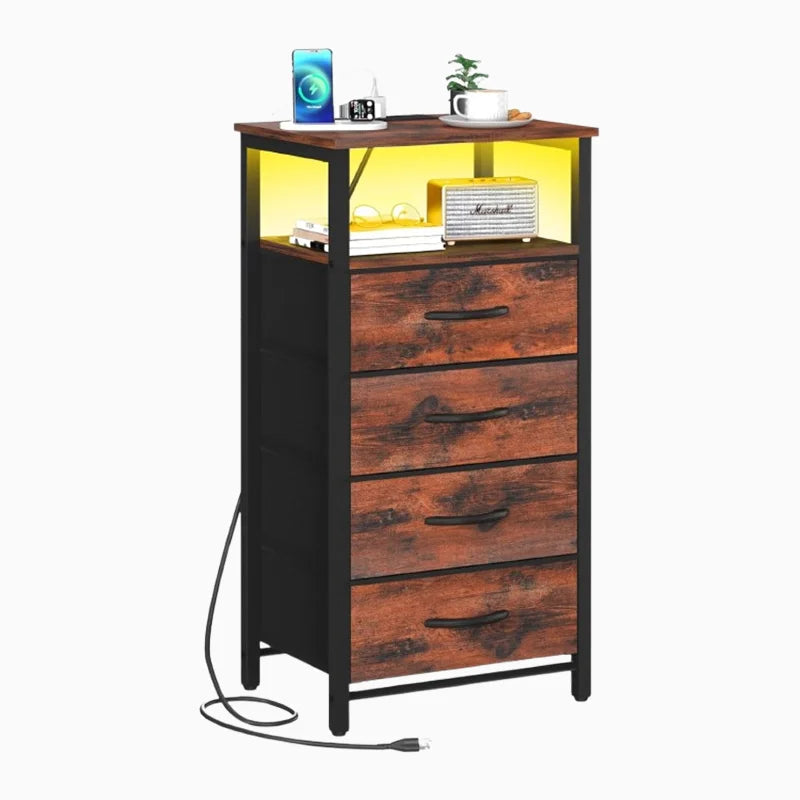 LED Rustic Nightstand with Charging Station 4 Storage Drawers and Storage Shelf End Table with USB Ports and Outlets Furniture