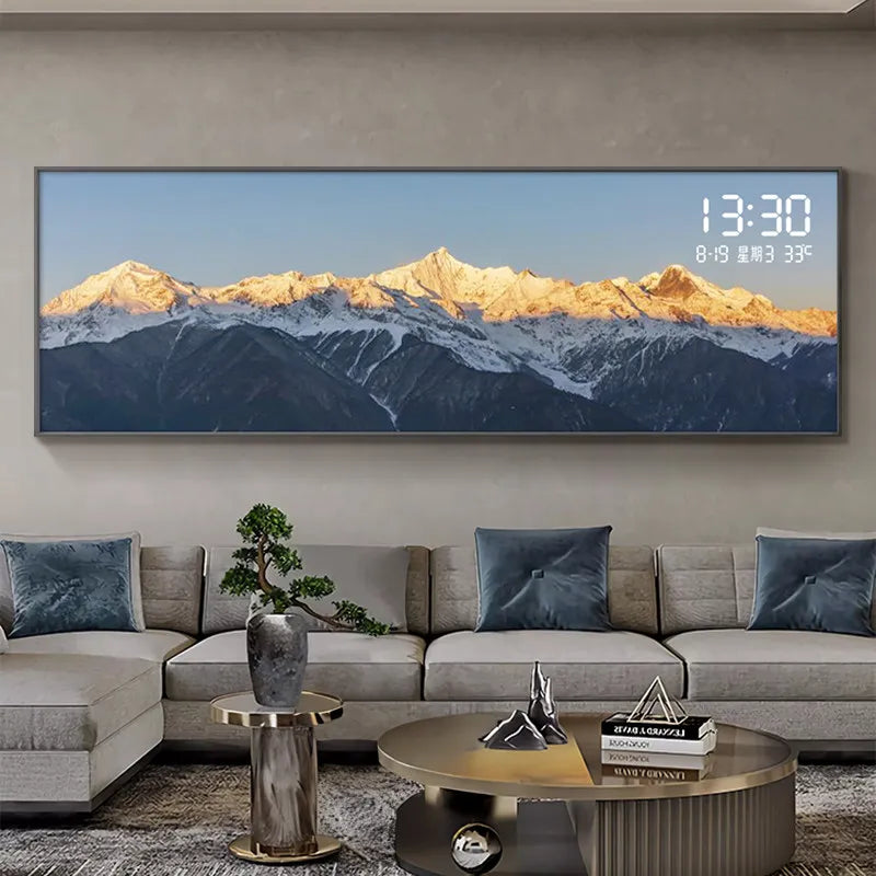 Modern Luxury Living Room Decoration Painting Led Electronic Clock Sofa Background Mural Light Horizontal Hanging Painting