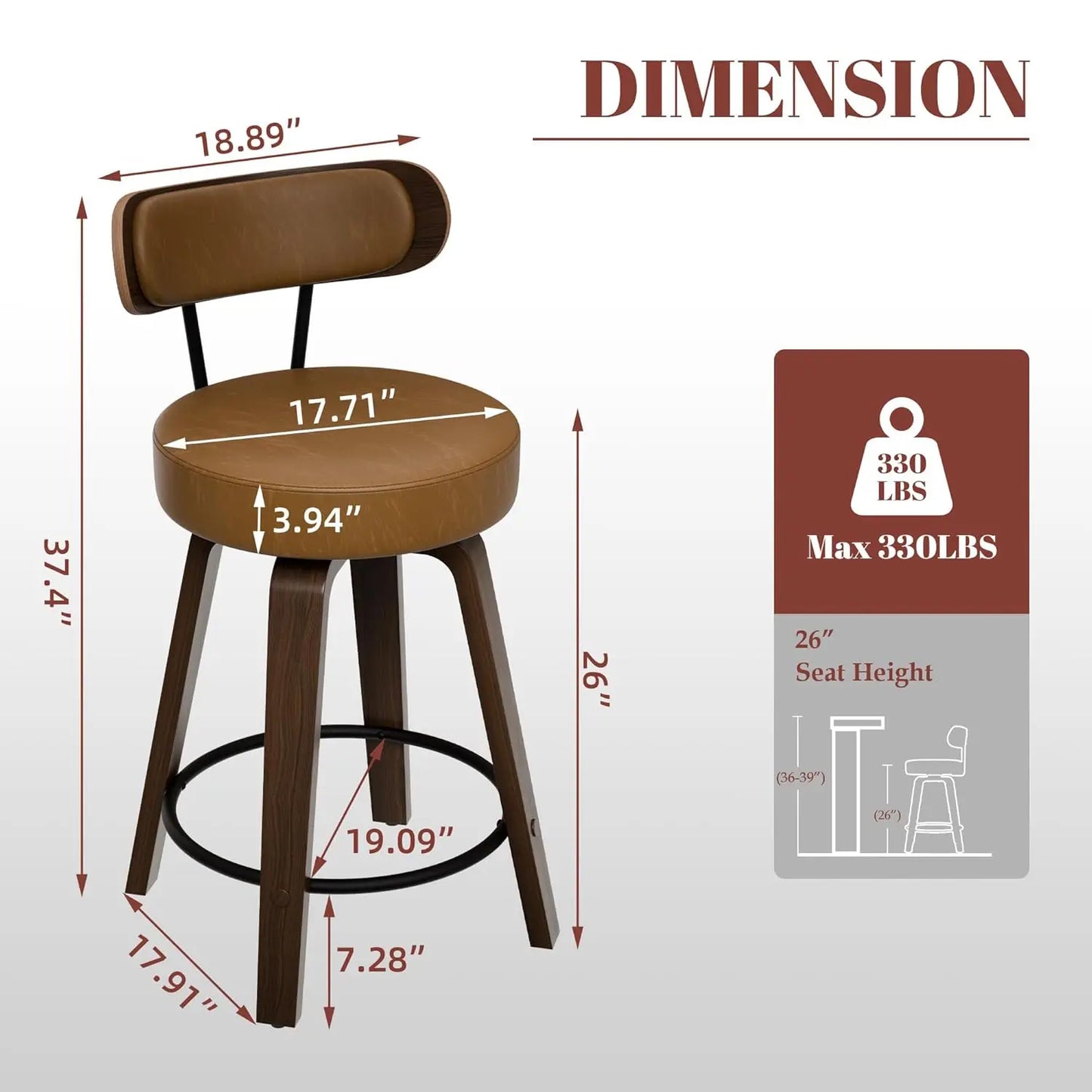 Bar Stools Set of 3, Brown Leather 26'' Swivel Counter Height Bar Stools, Modern Bar Stools with Back & Wood Legs,, Customized
