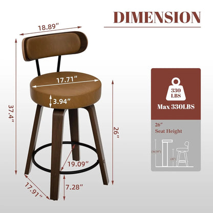 Bar Stools Set of 3, Brown Leather 26'' Swivel Counter Height Bar Stools, Modern Bar Stools with Back & Wood Legs,, Customized
