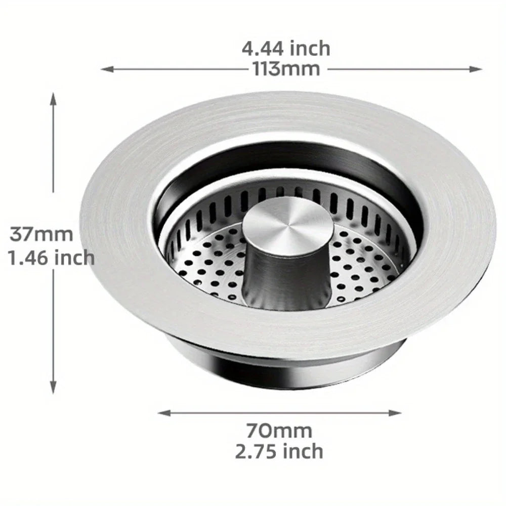 3-in-1 Stainless Steel Kitchen Sink Strainer - Pop-Up Stopper with Anti-Clogging Basket and Odor Filter, Easy Clean Drain Strain