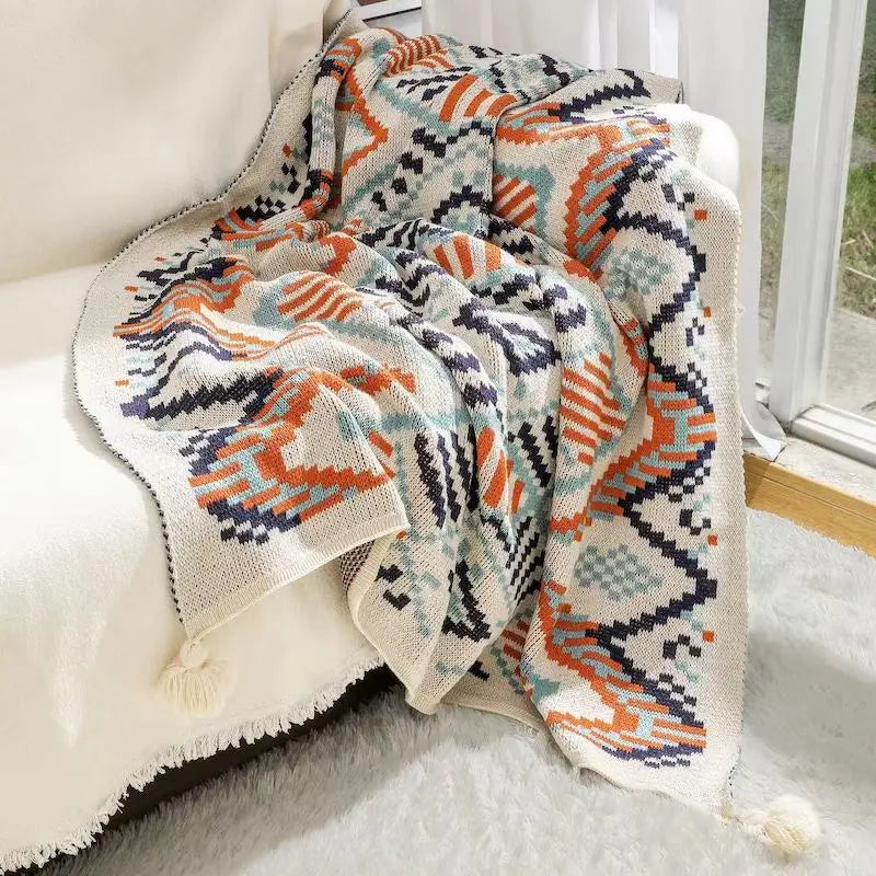 Southwest Desert Sunrise Geometric Woven Throw Blanket Earth Tone Tribal Pattern Soft Cozy Blanket for Sofa Bed Camping Travel