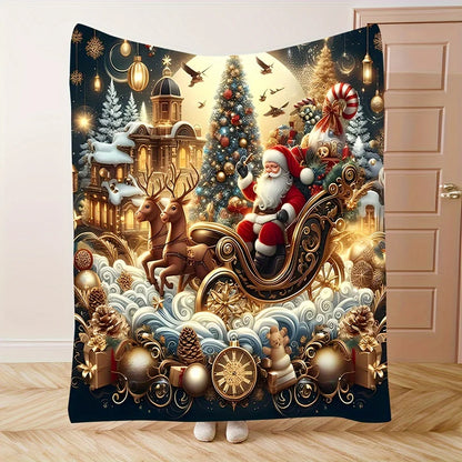 1pc Holiday Santa Claus Reindeer Sleigh Christmas Tree Elements Flannel Fleece Blanket，Multipurpose Seasonal Gift for Christmas