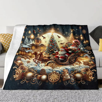 1pc Holiday Santa Claus Reindeer Sleigh Christmas Tree Elements Flannel Fleece Blanket，Multipurpose Seasonal Gift for Christmas