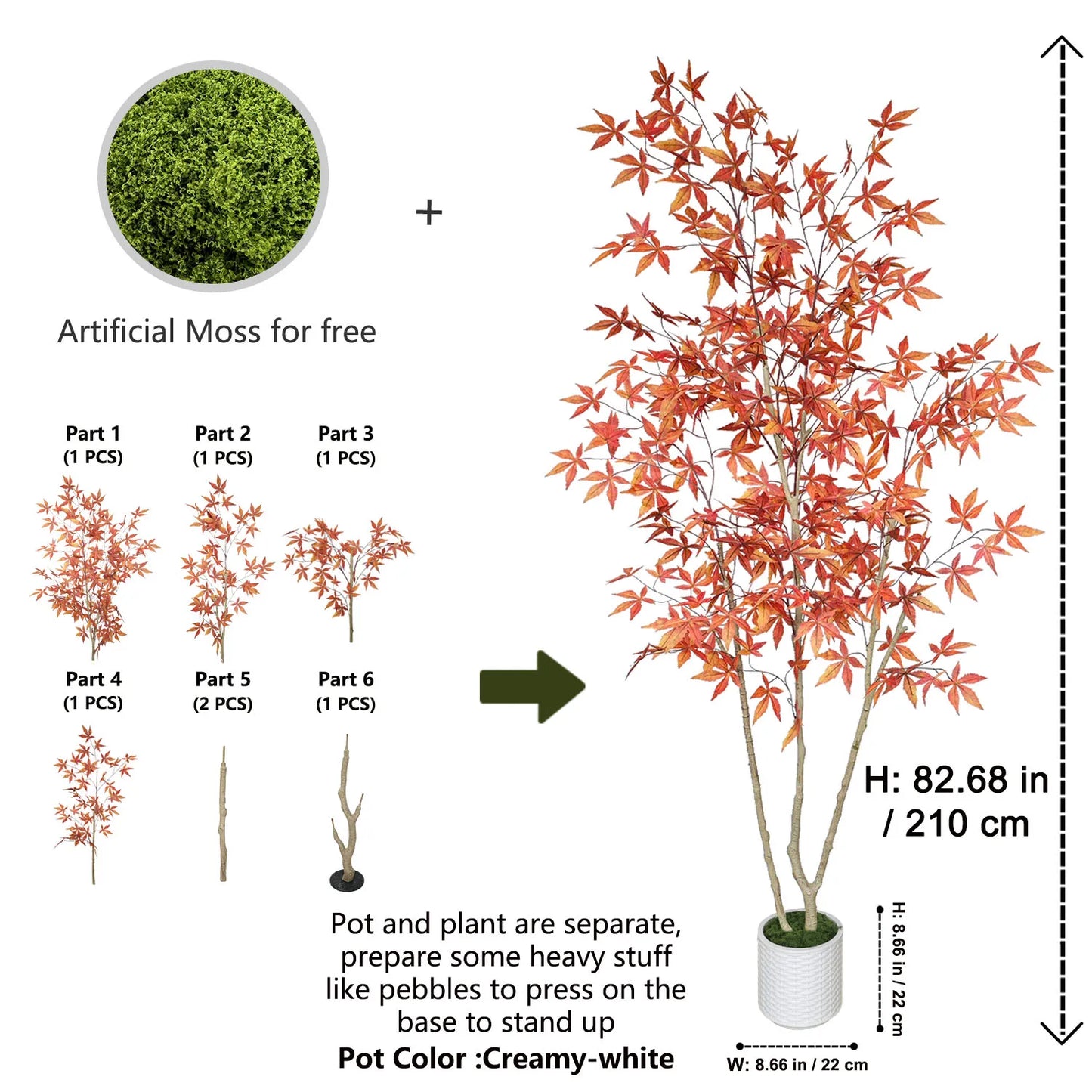 180-210cm/6.9ft Artificial Maple Plant Tree Potted Autumn Indoor Outdoor Ornament Home Garden Balcony Living Room Party Decor