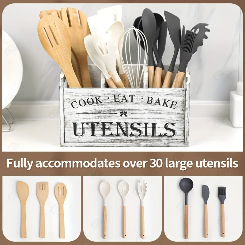 1pc Rustic Wooden Kitchen Utensil Holder - 3-Compartment Countertop & Wall-Mounted Organizer for Forks, More - Space-Saving