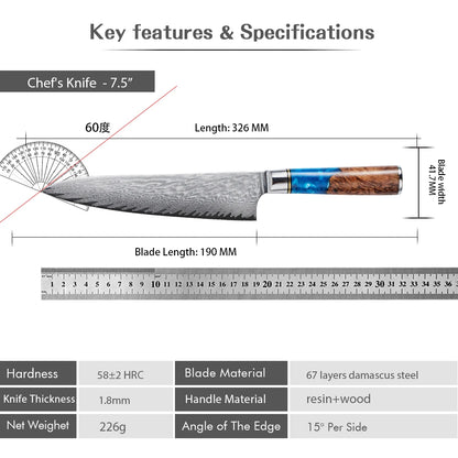 Damascus Steel High Carbon 67 Layer VG10 Chef's Knife Blue Resin Wood Handle Kitchen Chef's Knife Three-Piece Set