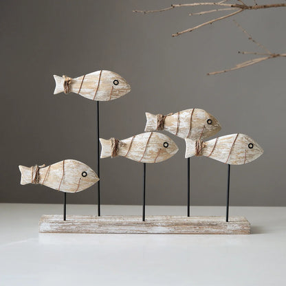 Retro Mediterranean Style 3D Wooden Shoal of Fish DecorationsHand Carving Ocean Desktop Crafts Ornaments DIY Bar Cafe Home Decor