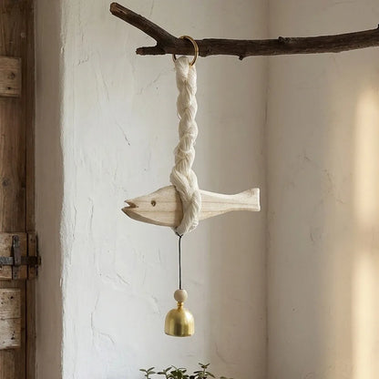 Creative Handmade Wood Fish Door Bell Hand Carved Lightweight Fish Wall Decoration Rustic Lucky Fish Door Chimes Living Room