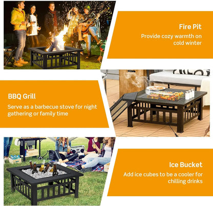 Outdoor Fire Pit Table Square Steel Fireplace With Spark Screen Log Grate BBQ Grill Poker Rain Cover Wood Burning Stove For Backyard Camping Patio Garden Bonfire Party Black