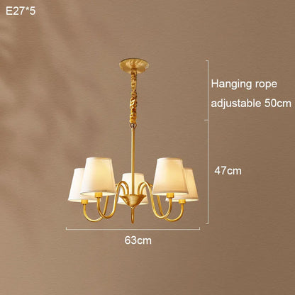 Medieval Living Room Copper Chandelier Retro Dining Room Modern Luxury Fabric Hanging Lamp Bedroom Simple Pendant Lighting