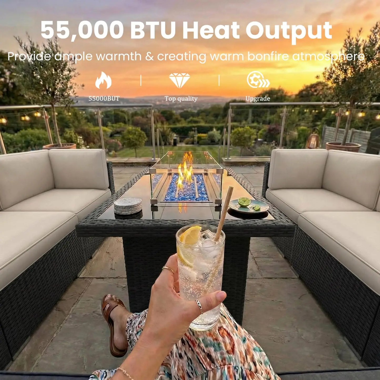 8 Pieces Patio Furniture Set with 44" Propane Gas Fire Pit Table, Outdoor Sectional Wicker Conversation Sofa Sets, Customized