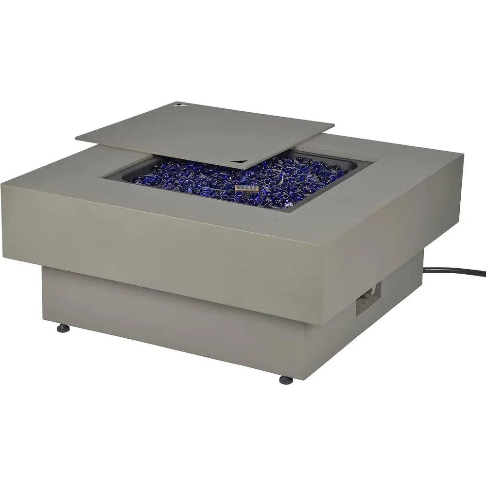 33-inch 50,000 BTU Outdoor Gas Fireplace for Patio, Square Low Profile Fire Table W/Lid, Glass Rocks, Ra
