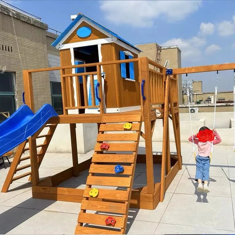 Outdoor Waterproof Wooden Playhouse With Slide Swing Set and Sandbox Kids' Playground Play House for Patio Backyard