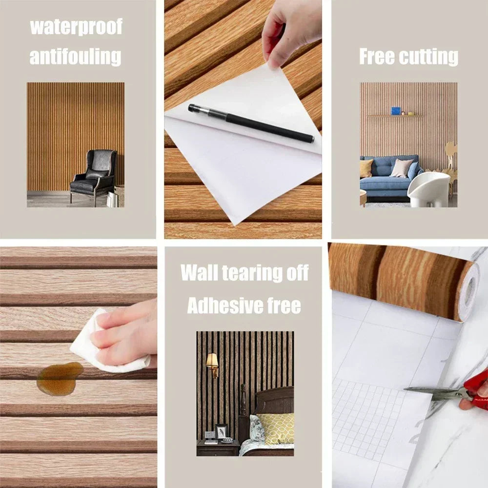 Self Adhesive Wall Paneling Peel and Stick 3D Wallpaper Waterproof Bedroom Feature Wall Decor Faux Wood Slat Design