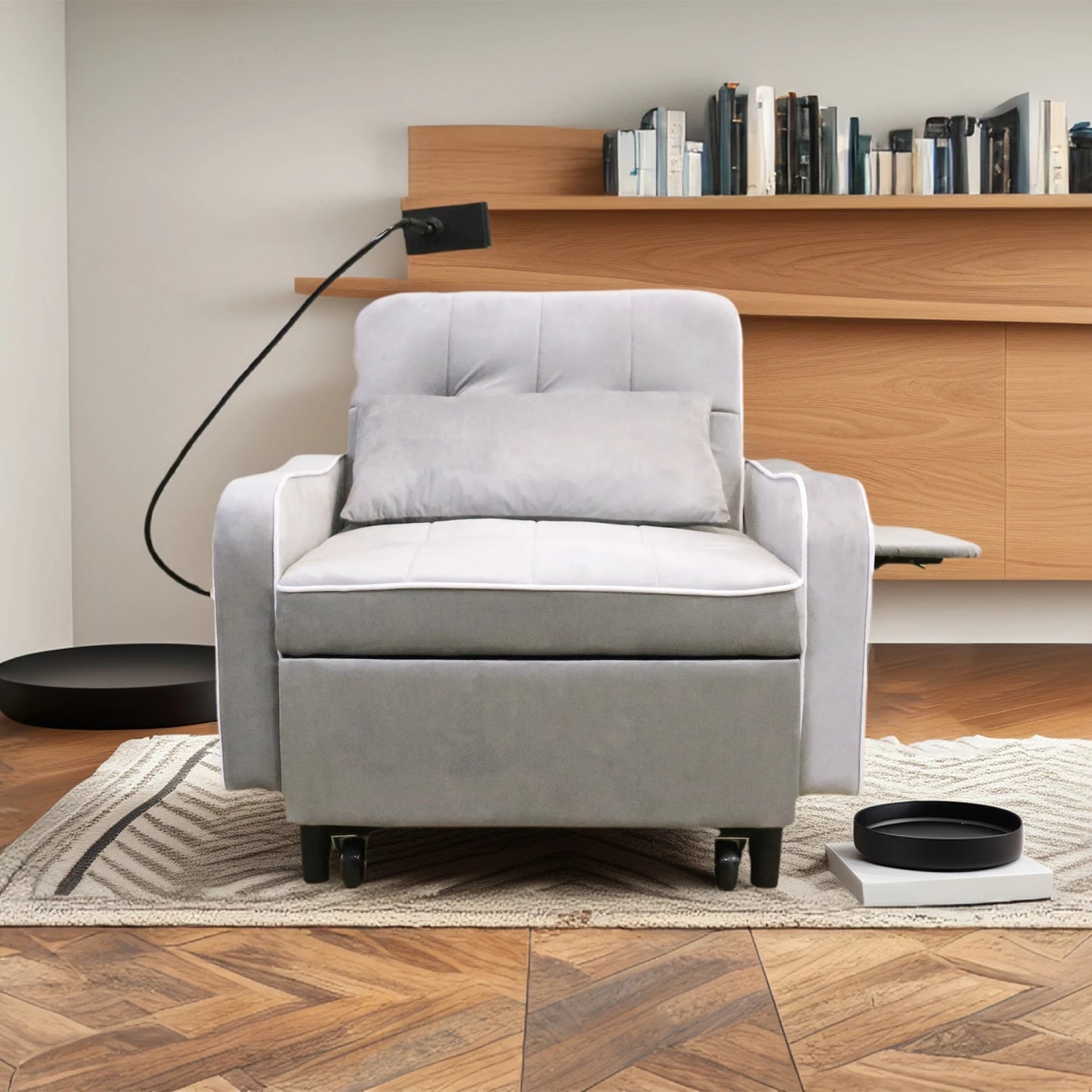 3 in 1 Convertible Sofa Chair, Pull Out Sleeper Sofa Bed with Moving Wheels, Phone Holder, USB Port, Wing Table, Sofa Bed with Adjustable Backrest for Living Room, Bedroom