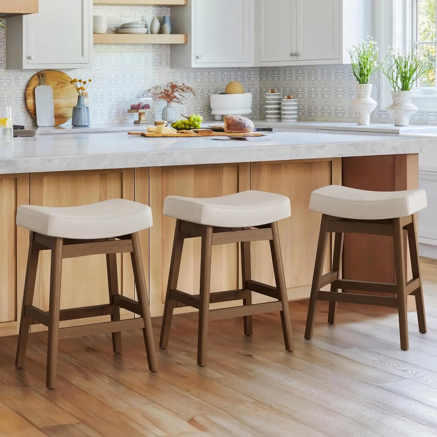 Bar Stools Set of 3, Barstools with Sturdy Wood Legs, Saddle Seat Counter Height Bar Stools for Kitchen Counter,, Customized