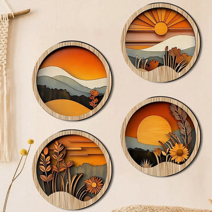 Boho Wall Art for Living Room Bohemian Wall Art 7.87Inch Round Wooden Frames Aesthetic Ornament for Porch Fireplace Balcony
