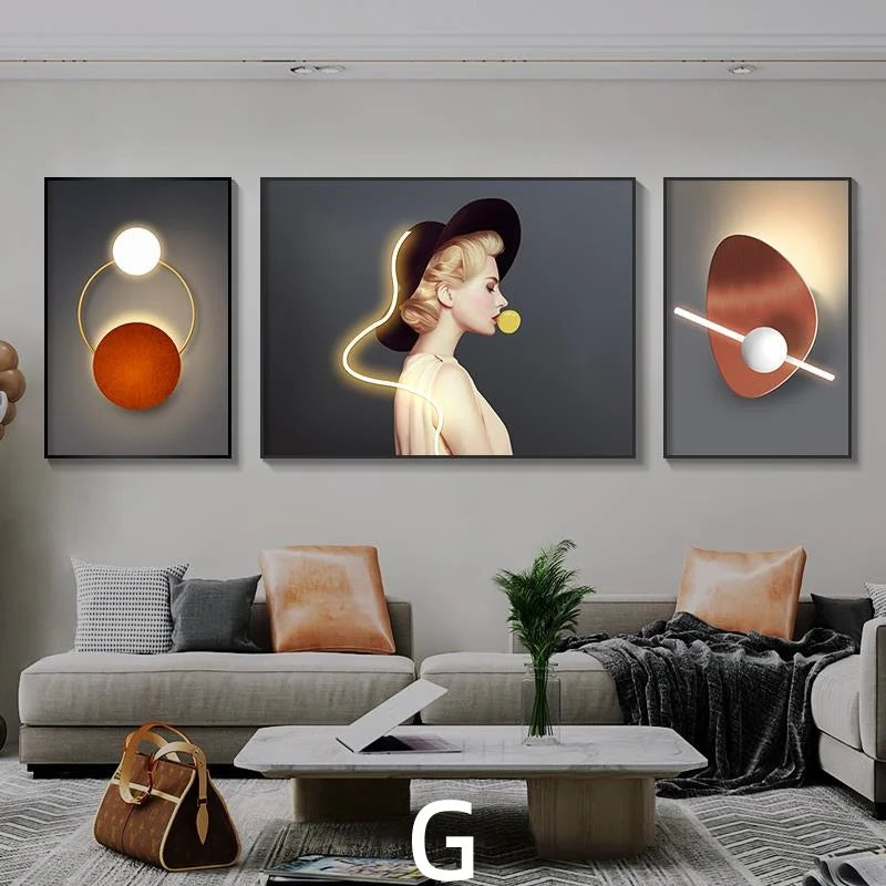 Living Room Decoration Painting LED Lighting Mural Painting Character Triptych Hanging Painting Bedroom Sofa Background Wall