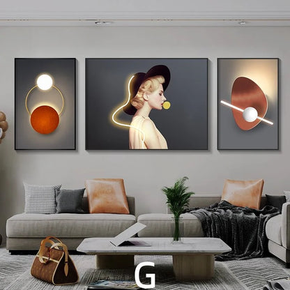 Living Room Decoration Painting LED Lighting Mural Painting Character Triptych Hanging Painting Bedroom Sofa Background Wall