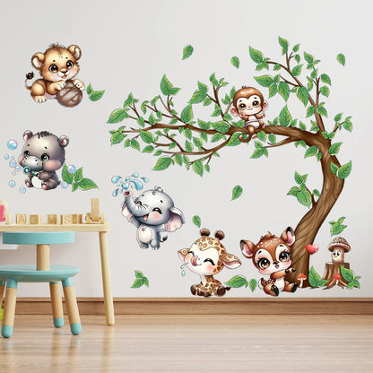Animals Playing By The Tree Wall Stickers Wallpaper Murals Watercolor Stickers Children's Room Home Decorations