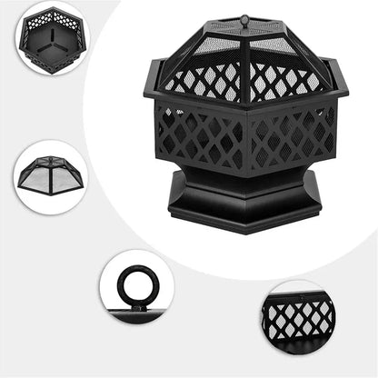 Portable Courtyard Metal Fire Pit 22" Hexagonal Shaped Iron Brazier Wood Burning Fire Pit Decoration for Backyard Poolside